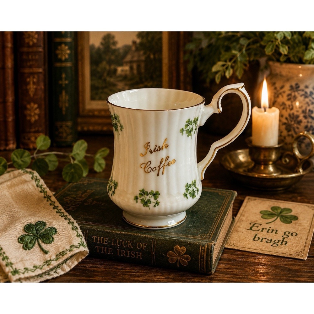 Royal Windsor Fine Bone China Irish Coffee Mug Shamrocks Gold Trim England